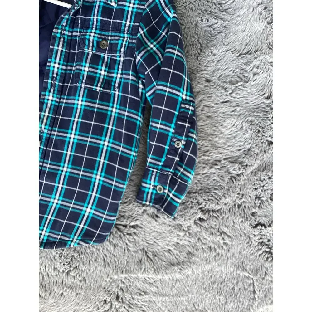 Gapkids Boys Quilted Lined Plaid Button Front‎ Jacket Winter Blue Green Size XS